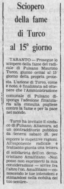 1982 08 25 * la gazzetta del mezzogiorno * Sciopero della fame di Turco al 15° giorno