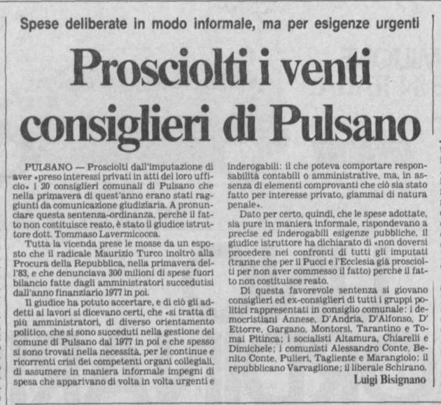1984 11 17 * la gazzetta del mezzogiorno * prosciolti i venti consiglieri di Pulsano